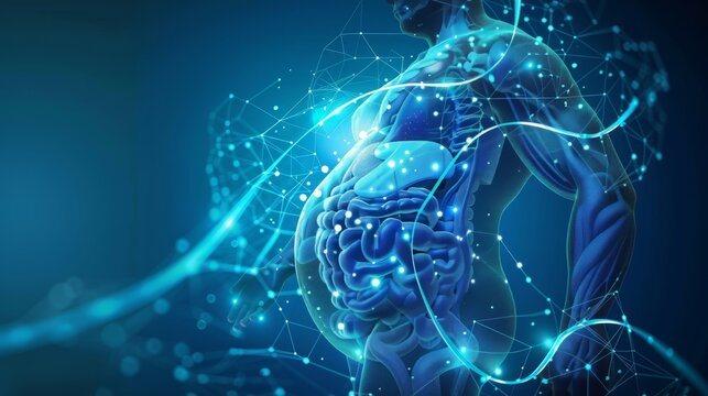 Ilustração do corpo com o sistema digestivo em destaque